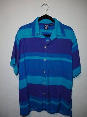 Gap Blue and Purple Color Blocks Button Down Short Sleeve Shirt Medium Striped
